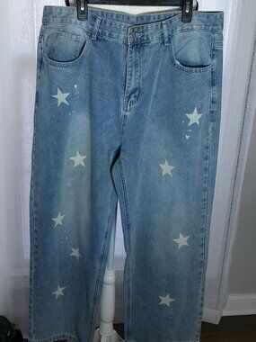 STAR POINT (BOUTIQUE) Medium Wash Wide Leg Blue Jeans w/White Stars & Spots XL